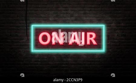 love sign emblem in neon style on brick wall background Stock Photo