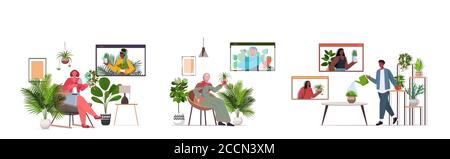 set people taking care of houseplants having virtual meeting with mix race friends during video call living room interior horizontal full length vector illustration Stock Vector