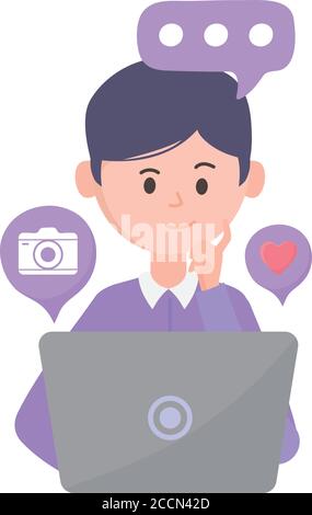 young man using laptop different apps social network communication and technologies vector illustration Stock Vector