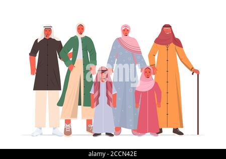 arab multi generation family in traditional clothes happy grandparents parents and children standing together full length horizontal vector illustration Stock Vector