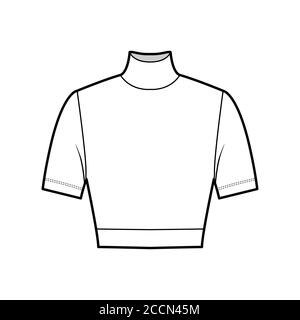 Cropped turtleneck jersey sweater technical fashion illustration with short sleeves, close-fitting shape. Flat outwear jumper apparel template front white color. Women men unisex shirt top CAD mockup Stock Vector