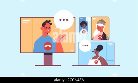 mix race people chatting during video call businesspeople using digital gadgets online conference meeting communication concept horizontal portrait vector illustration Stock Vector