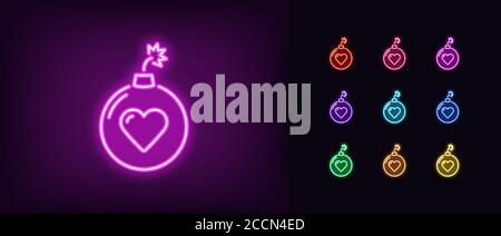 Neon bomb icon. Glowing neon bomb sign with heart, love explosion in vivid colors. Hit parade, top choice, best hot selection, explosive compilation. Stock Vector