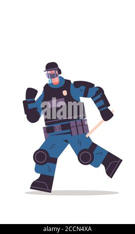 policeman in full tactical gear riot police officer protesters and demonstrations control concept full length vertical vector illustration Stock Vector