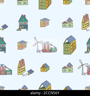 Seamless pattern of houses and buildings on the roofs of which are solar panels. Stock Vector