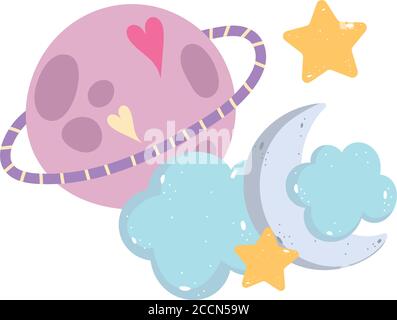 planet clouds moon stars cartoon isolated icon design over white background vector illustration Stock Vector