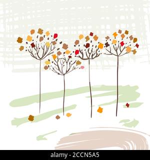 Three autumn trees are conceptual with colorful leaves. Illustration Stock Vector