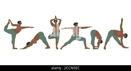 Plus size girl in various yoga asanas. sports legends goes in for sports.  Stock Vector