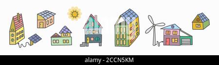 A set of houses and buildings Eco home concept, solar energy, wind energy.  Stock Vector