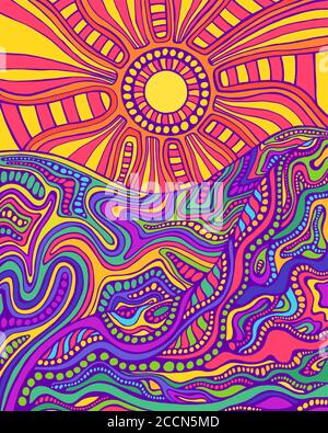 Retro hippie style psychedelic landscape with sun and mountains. Stock Vector
