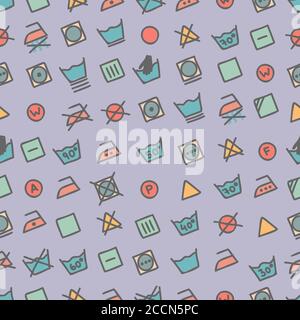 Laundry symbols seamless pattern. Hand drawing, flat color style. Stock Vector