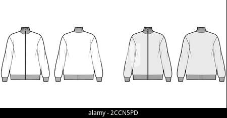 Oversized long-sleeved zip-up sweatshirt technical fashion illustration with cotton-jersey, ribbed trims. Flat outwear jumper apparel template front back white grey color. Women, men unisex top mockup Stock Vector