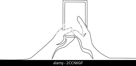 Continuous one line drawing. Hands holding phone. Abstract smartphone silhouette. Vector illustration black on white. Stock Vector