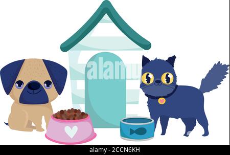 cute dog and cat with wooden house characters Stock Vector Image & Art ...
