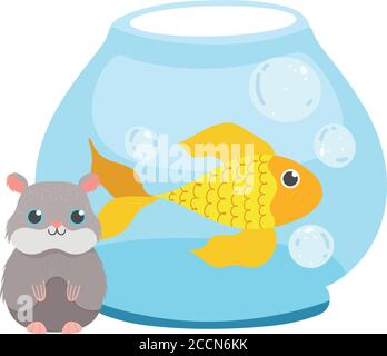 pet shop hamster and fish in glass bowl animal domestic cartoon