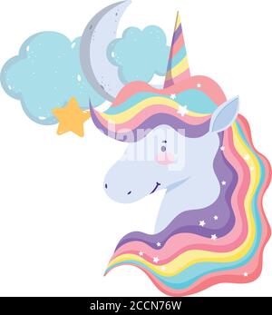 unicorn cartoon fantasy planet cloud moon stars dream vector illustration Stock Vector