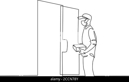 Delivery Courier with face mask near home door in time of coronavirus pandemic. Continuous one Line drawing. Vector illustration black on white. Stock Vector