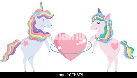 cute unicorns with huge heart and clouds foliage nature magic cartoon vector illustration Stock Vector