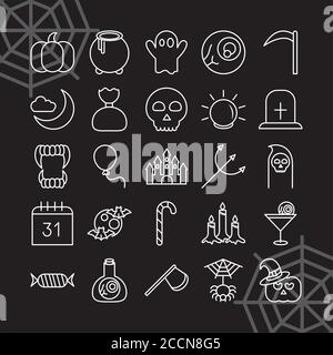 happy halloween, trick or treat party celebration pumpkin candy web skull spider ghost linear icons set dark background vector illustration Stock Vector