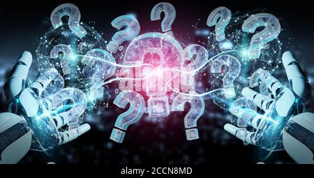 Cyborg on blurred background solving problem with digital question marks 3D rendering Stock Photo