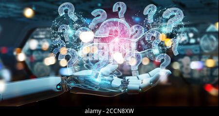 Cyborg on blurred background solving problem with digital question marks 3D rendering Stock Photo