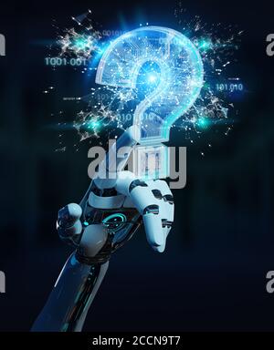 Cyborg on blurred background solving problem with digital question marks 3D rendering Stock Photo
