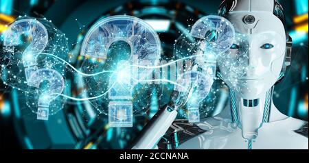 Cyborg on blurred background solving problem with digital question marks 3D rendering Stock Photo