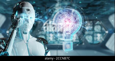Cyborg on blurred background solving problem with digital question marks 3D rendering Stock Photo