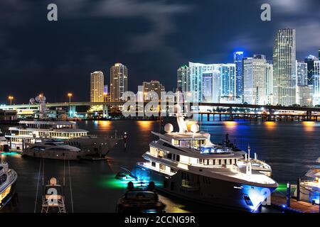 Yacht or boat next to Miami downtown. Miami skyline. Stock Photo