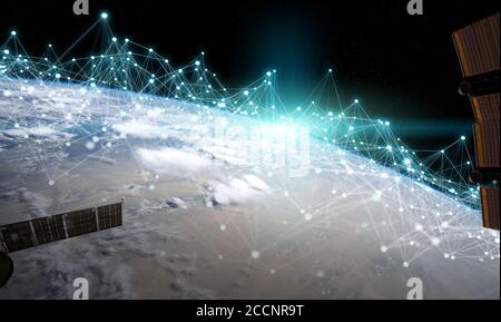 Satellites sending datas exchanges and futuristic connections system over the globe 3D rendering elements of this image furnished by NASA Stock Photo