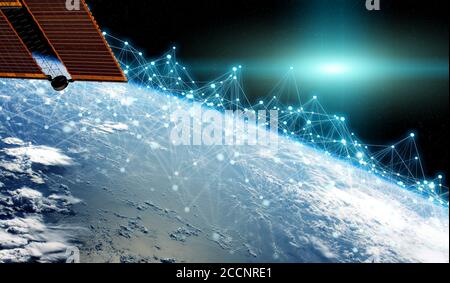 Satellites sending datas exchanges and futuristic connections system over the globe 3D rendering elements of this image furnished by NASA Stock Photo