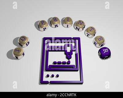 3d printer 3D icon surrounded by the text of cubic letters, 3D illustration Stock Photo