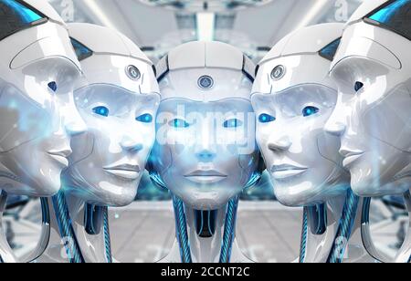 Group of female robots heads creating digital network connection 3d rendering Stock Photo