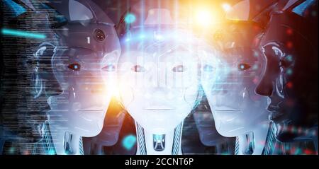 Group of female robots heads using digital hologram screens interface 3d rendering Stock Photo
