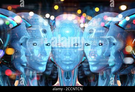 Group of female robots heads using digital hologram screens interface 3d rendering Stock Photo