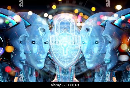 Group of female robots heads using cyber security padlock interface 3d rendering Stock Photo