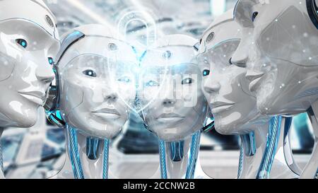 Group of female robots heads using cyber security padlock interface 3d rendering Stock Photo