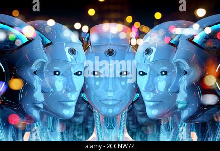 Group of female robots heads close to each others cyborg army concept 3d rendering Stock Photo