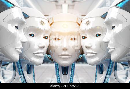 Group of female robots heads close to each others cyborg army concept 3d rendering Stock Photo