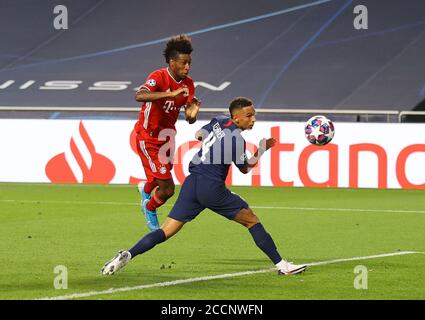 Lisbon, Portugal. 23rd Aug, 2020. Kingsley Coman (L) of FC Bayern Munich scores his team's first goal during the UEFA Champions League Final match between Paris Saint-Germain and Bayern Munich at Estadio do Sport Lisboa e Benfica in Lisbon, Portugal, Aug. 23, 2020. Credit: Julian Finney/UEFA via Xinhua/Alamy Live News Stock Photo