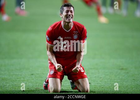 Lisbon, Portugal. 23rd Aug, 2020. Robert Lewandowski of FC Bayern Munich celebrates following his team's victory in the UEFA Champions League Final match between Paris Saint-Germain and Bayern Munich at Estadio do Sport Lisboa e Benfica in Lisbon, Portugal, Aug. 23, 2020. Credit: Julian Finney/UEFA via Xinhua/Alamy Live News Stock Photo