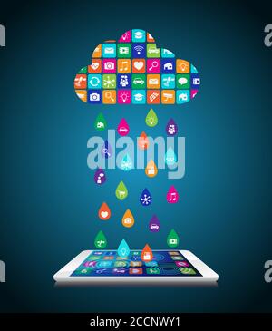 Rain from mobile apps: the application downloaded and installed to smartphone from the cloud Stock Vector