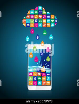 Rain from mobile apps: applications in the form of drops downloaded and installed to smartphone from the cloud Stock Vector