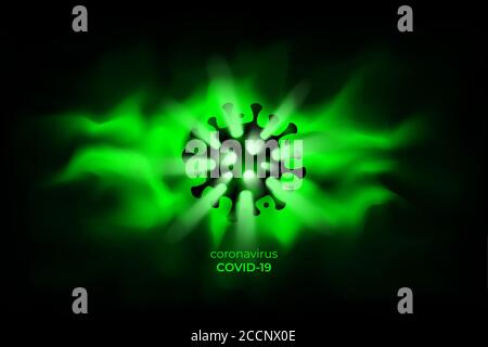 Dark coronavirus sign on a background of green fog. Outbreak of COVID-19 virus infection in world. Influenza pandemic. Pneumonia disease. Corona virus Stock Vector