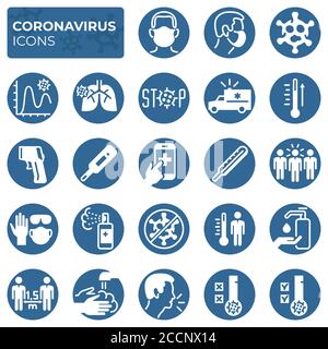 Filled coronavirus icons set. COVID-19 prevention and protection block linear sign collection. Second wave of coronavirus epidemics. Vector symbols, i Stock Vector