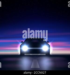 Night car with bright headlights against the background of a colorful starry sky, approaching along a dark road, the silhouette of a car with xenon an Stock Vector