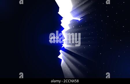 Stars and light in space from cracks in wall. Dark broken wall glow portal into universe. Dark background with crack continuum space for impressive de Stock Vector