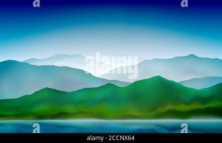 Mountain lake landscape, colorful nature background. Blue mountain green hills landscape. Vector background. Stock Vector