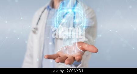 Doctor on blurred background using digital artificial intelligence head interface 3D rendering Stock Photo