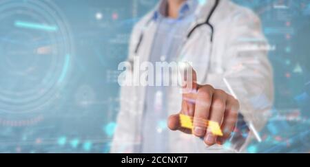 Scientist on blurred background using digital technological interface with datas 3D rendering Stock Photo